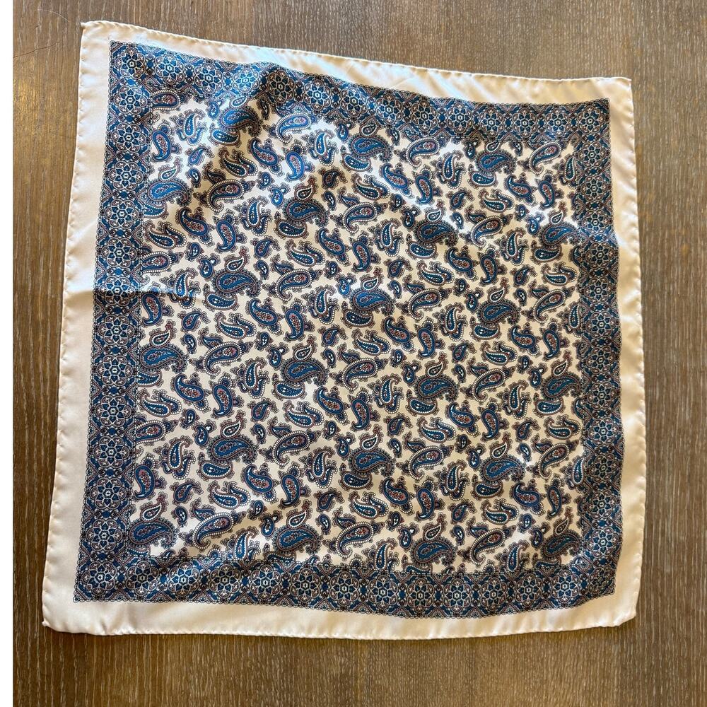 Vintage Blue Cream Paisley Silk Square Scarf Tie Handkerchief made in italy